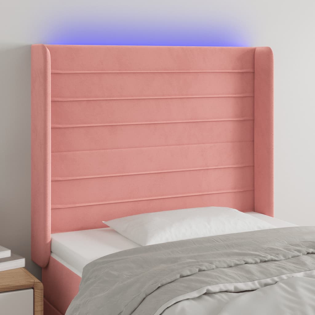 sengegavl med LED-lys 103x16x118/128 cm fløjl lyserød
