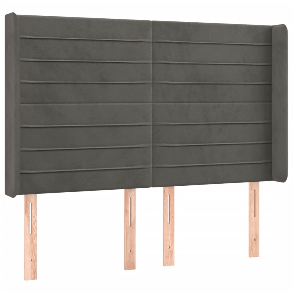 sengegavl med LED-lys 147x16x118/128 cm fløjl mørkegrå