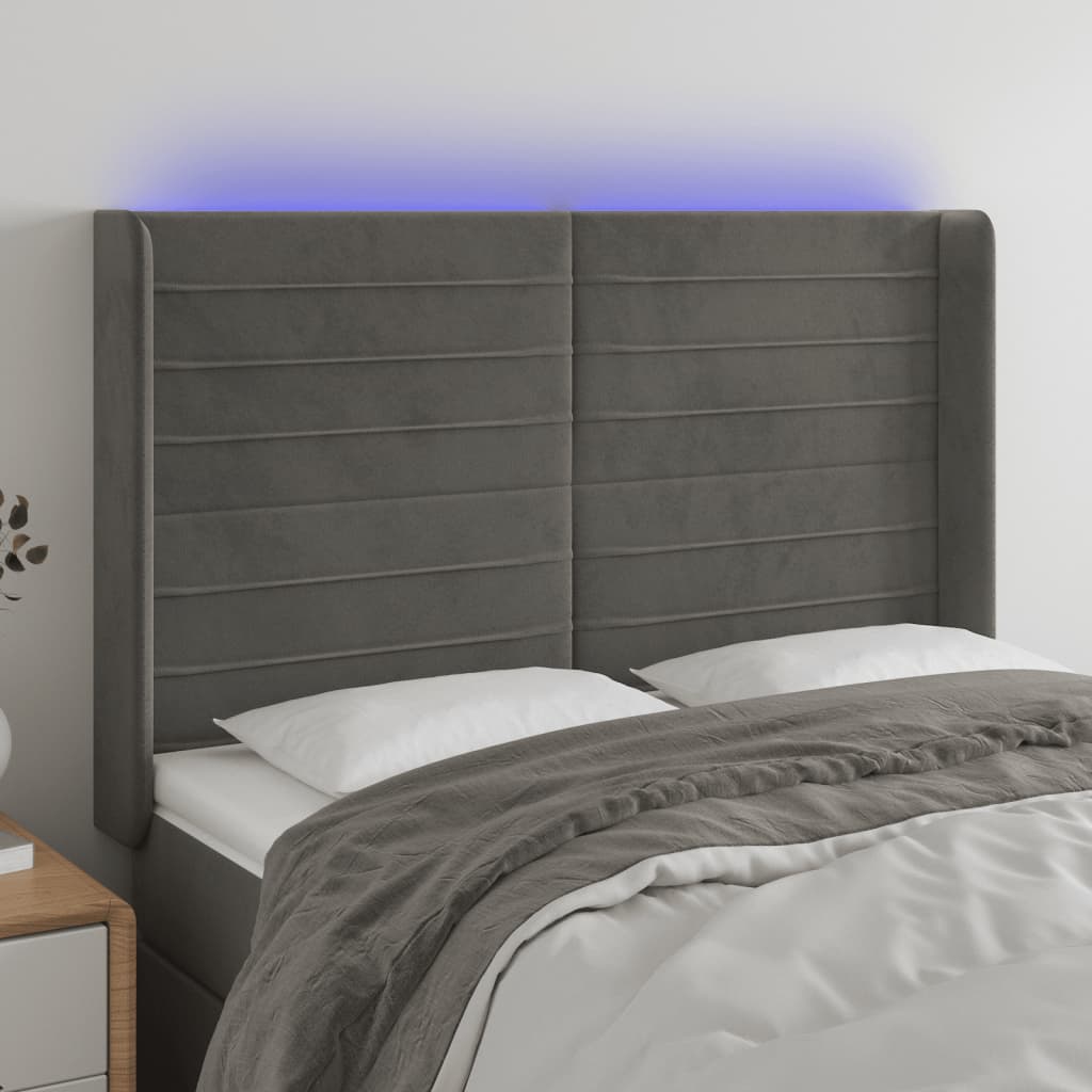 sengegavl med LED-lys 147x16x118/128 cm fløjl mørkegrå