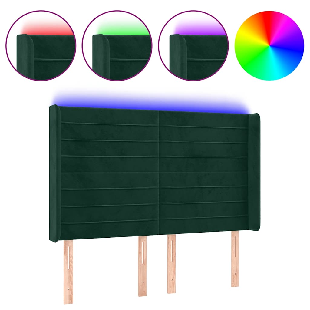 sengegavl med LED-lys 147x16x118/128 cm fløjl mørkegrøn