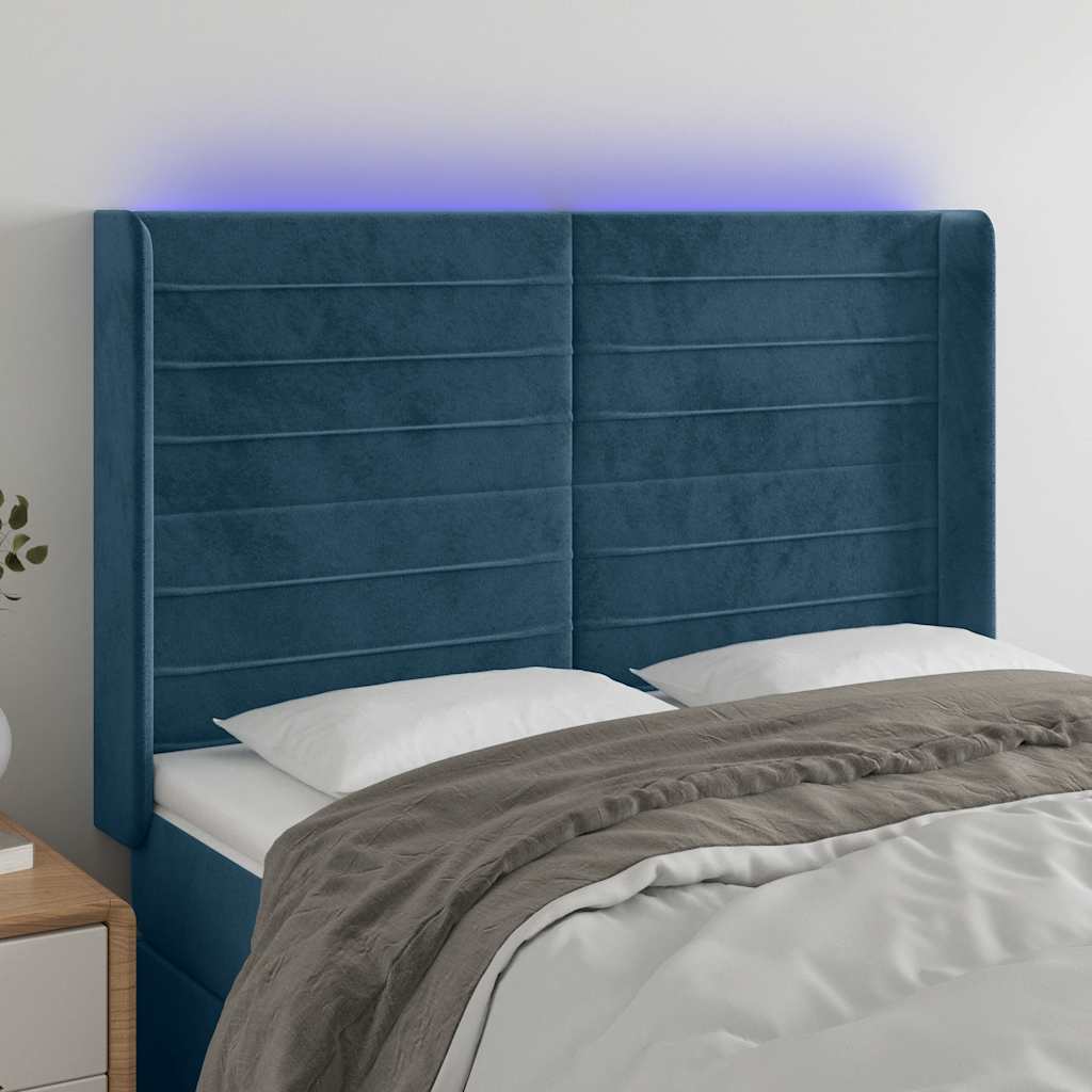 sengegavl med LED-lys 147x16x118/128 cm fløjl mørkeblå