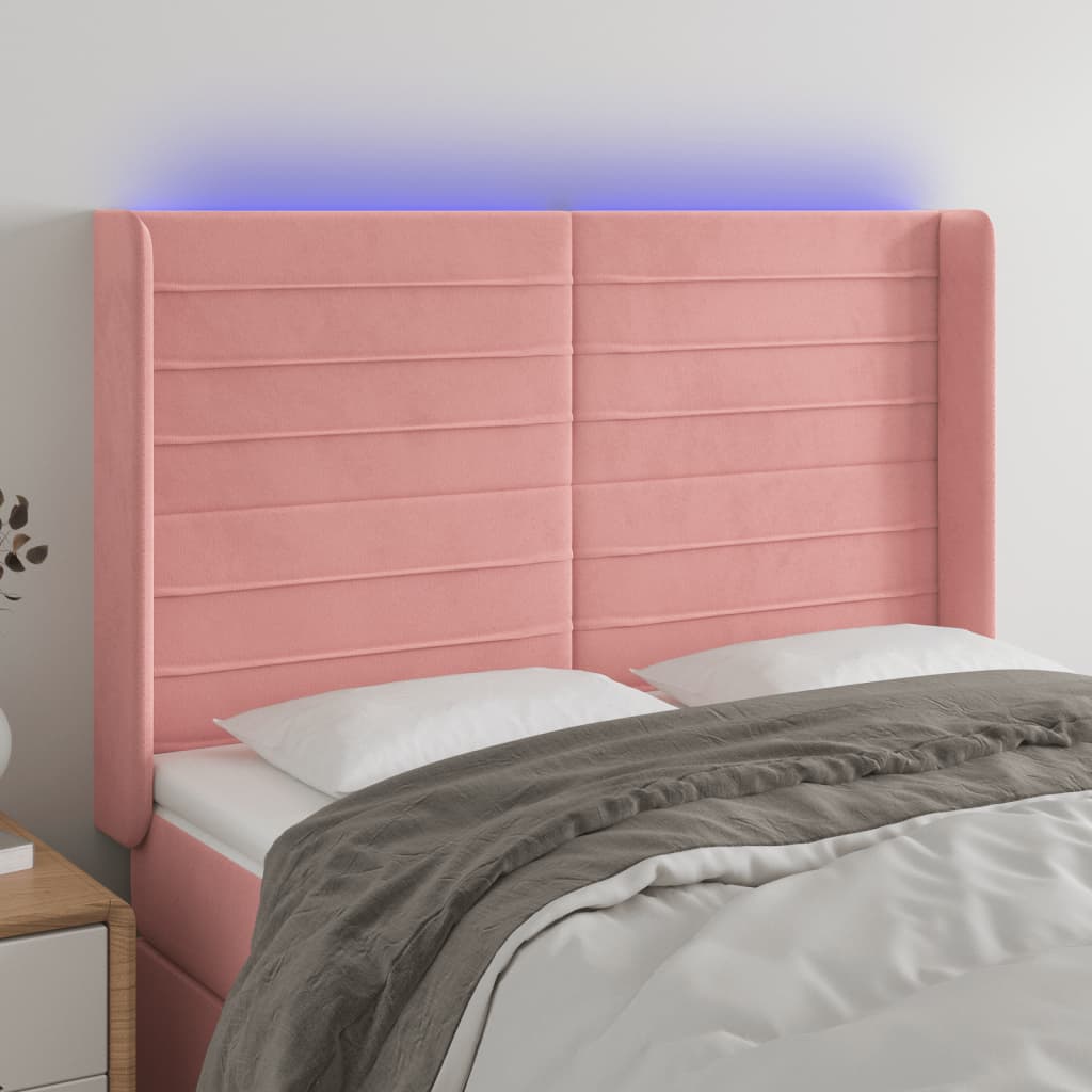 sengegavl med LED-lys 147x16x118/128 cm fløjl lyserød