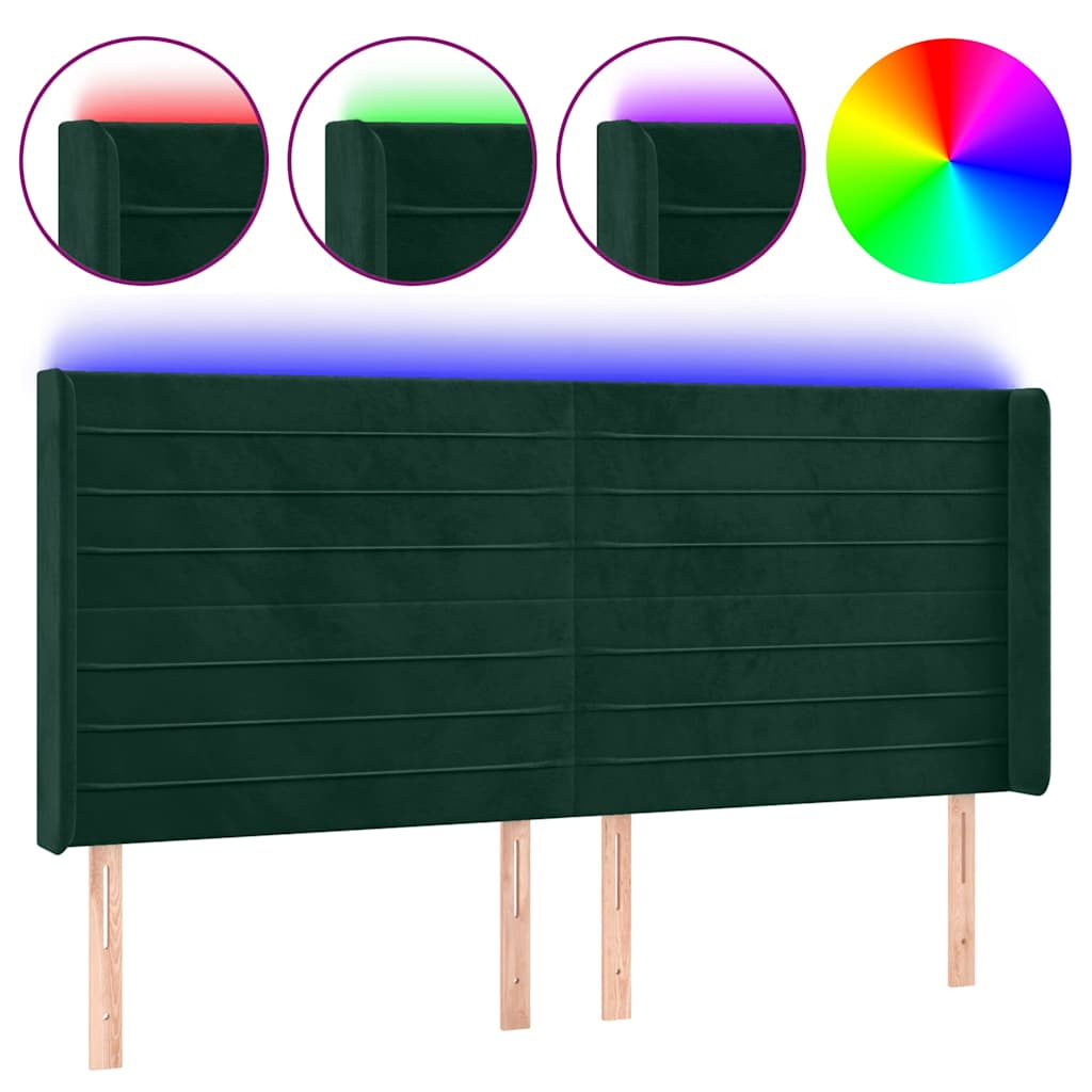 sengegavl med LED-lys 163x16x118/128 cm fløjl mørkegrøn