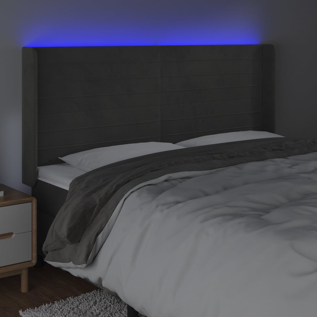sengegavl med LED-lys 183x16x118/128 cm fløjl mørkegrå