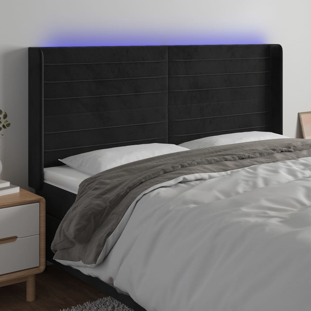 sengegavl med LED-lys 183x16x118/128 cm fløjl sort