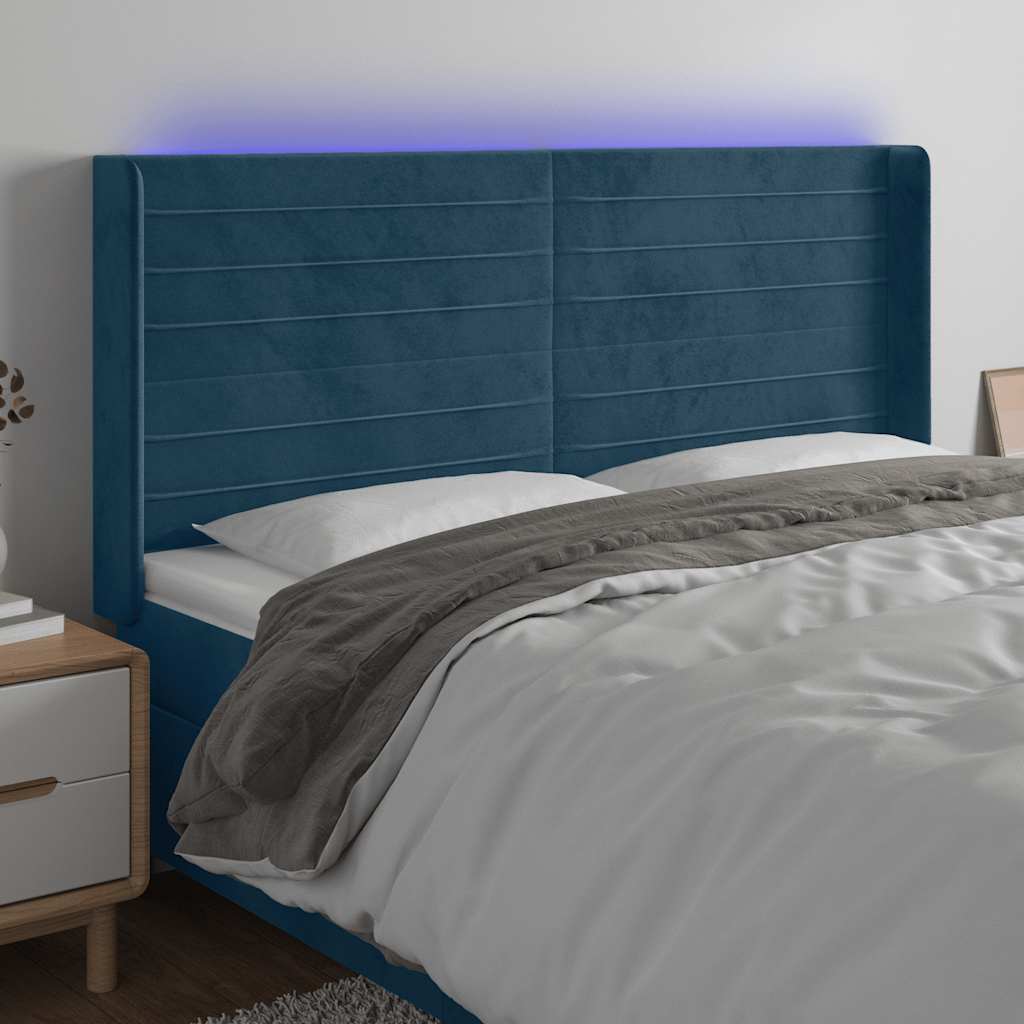 sengegavl med LED-lys 183x16x118/128 cm fløjl mørkeblå