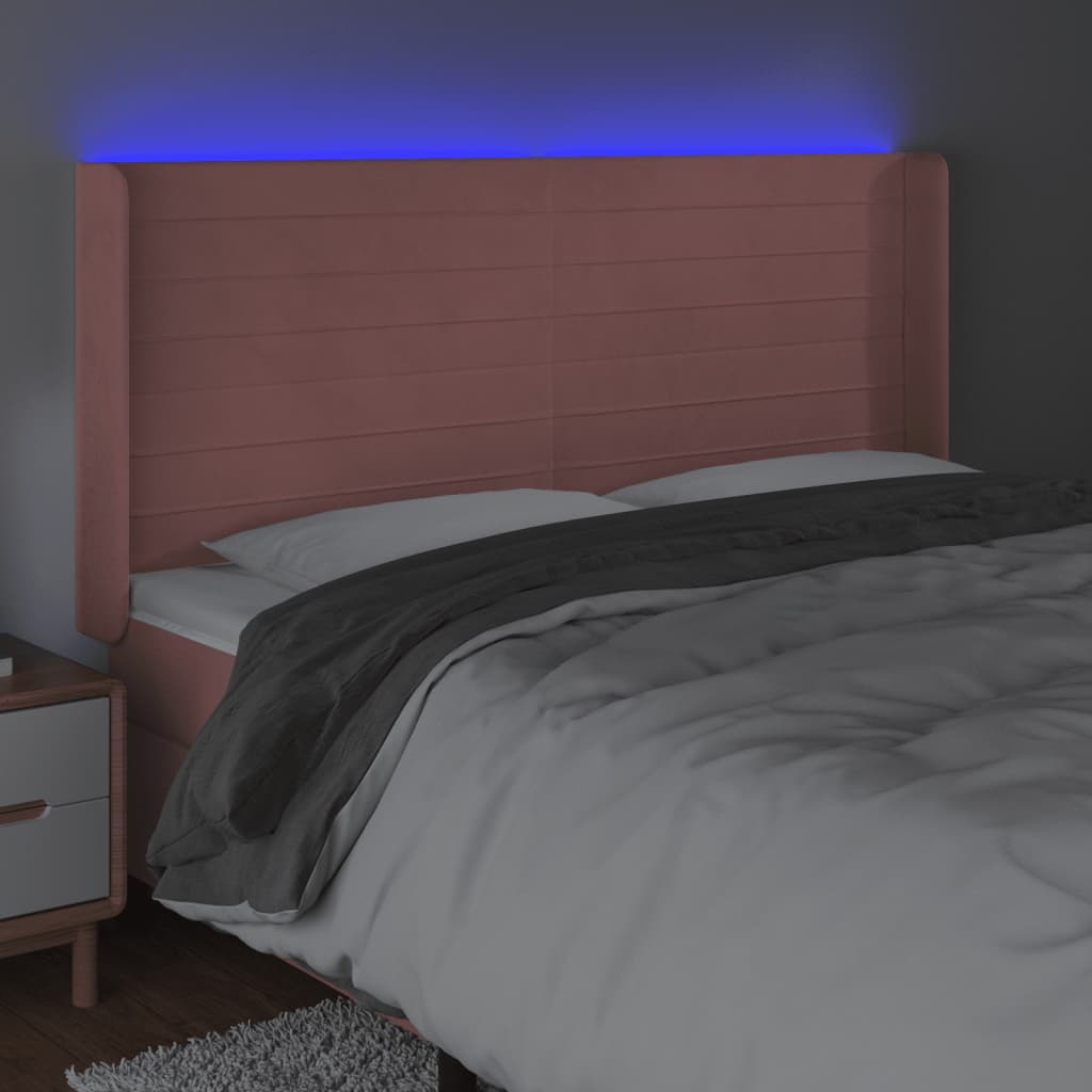 sengegavl med LED-lys 183x16x118/128 cm fløjl lyserød