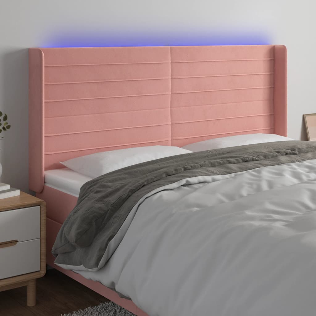 sengegavl med LED-lys 183x16x118/128 cm fløjl lyserød