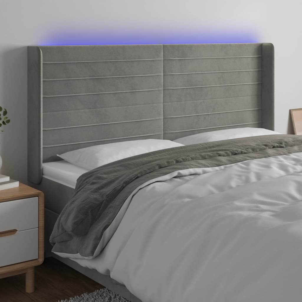 sengegavl med LED-lys 203x16x118/128 cm fløjl lysegrå