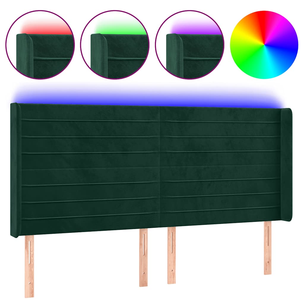 sengegavl med LED-lys 203x16x118/128 cm fløjl mørkegrøn