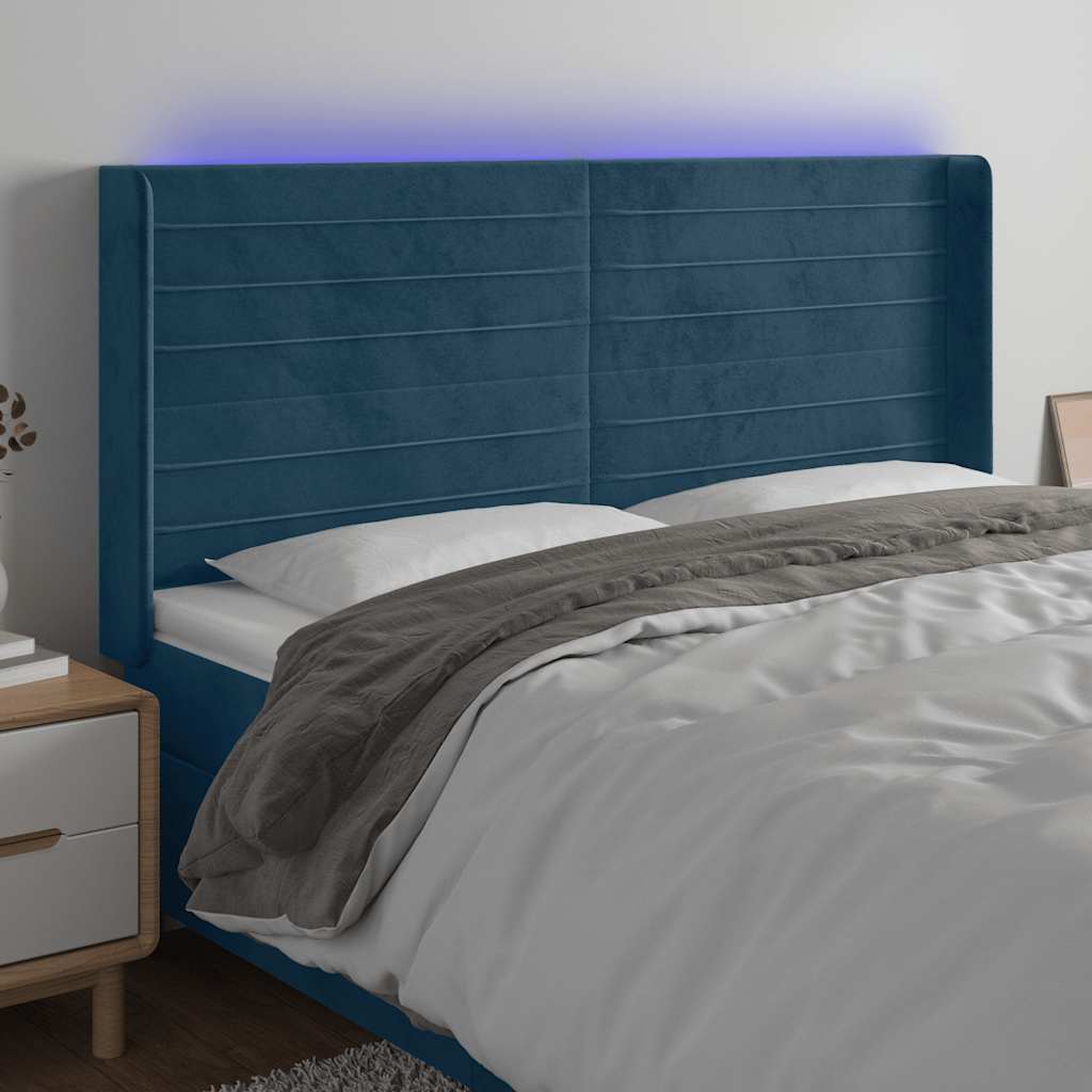 sengegavl med LED-lys 203x16x118/128 cm fløjl mørkeblå