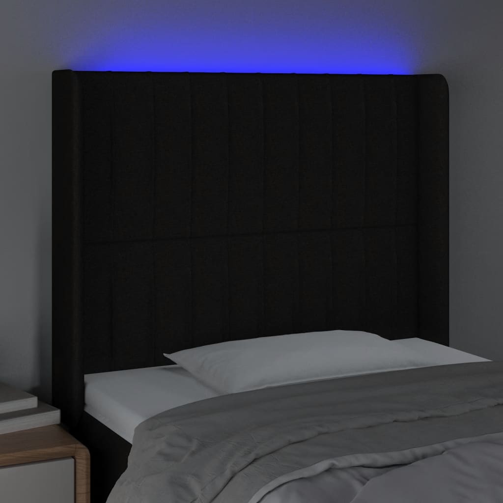 sengegavl med LED-lys 83x16x118/128 cm stof sort