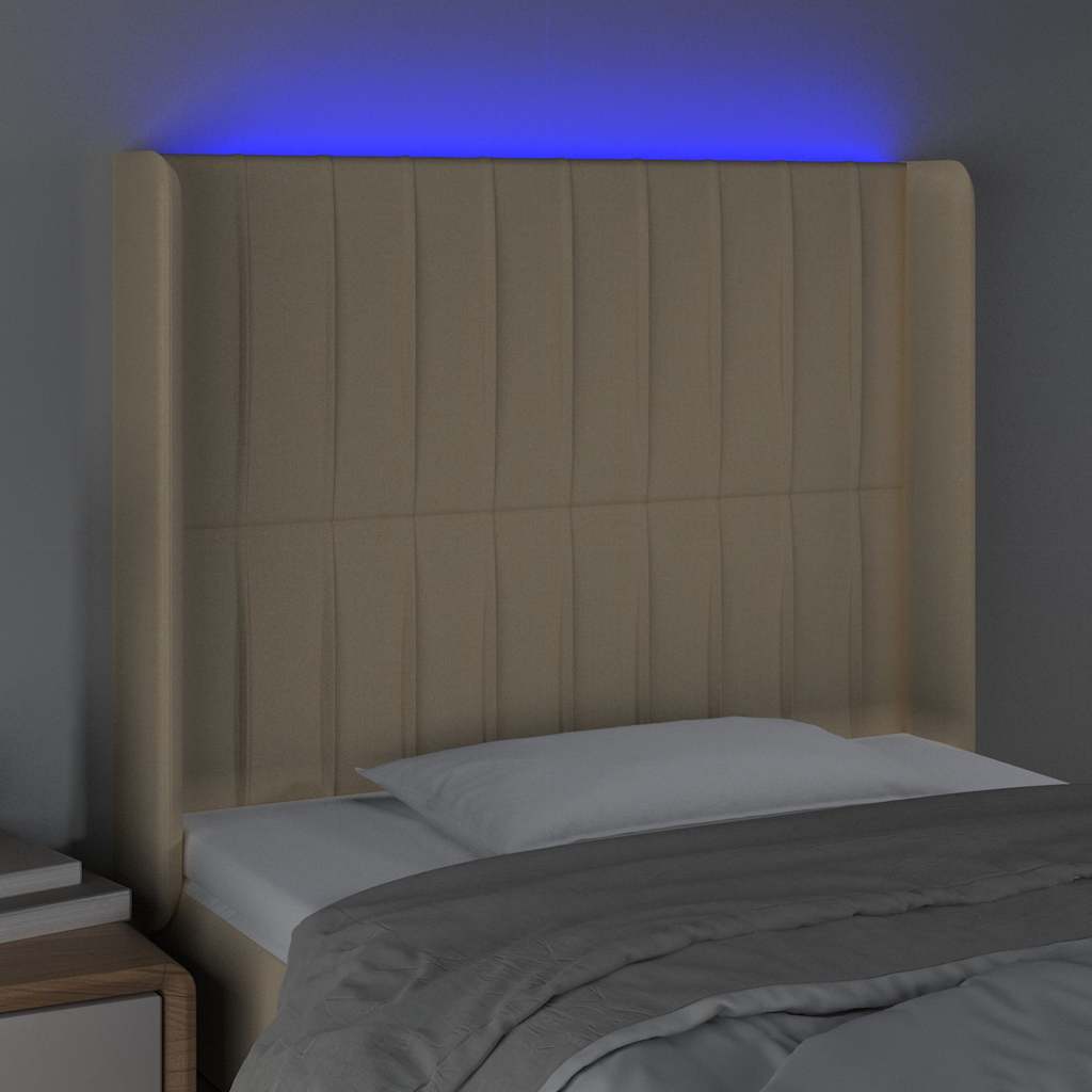 sengegavl med LED-lys 83x16x118/128 cm stof cremefarvet