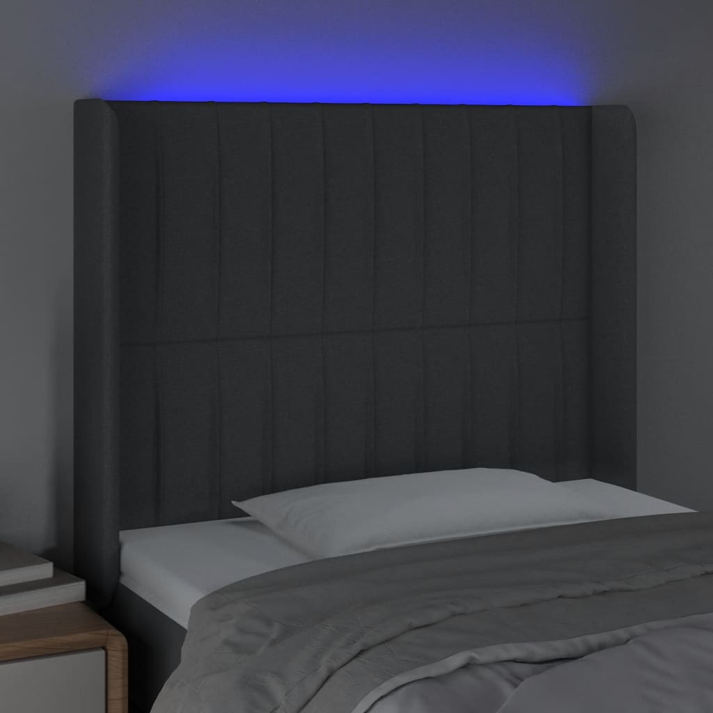 sengegavl med LED-lys 93x16x118/128 cm stof mørkegrå