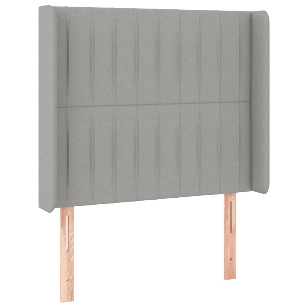 sengegavl med LED-lys 103x16x118/128 cm stof lysegrå
