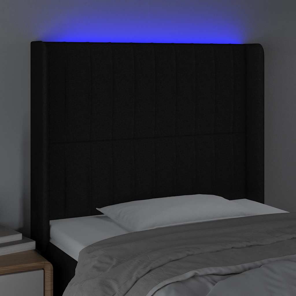 sengegavl med LED-lys 103x16x118/128 cm stof sort