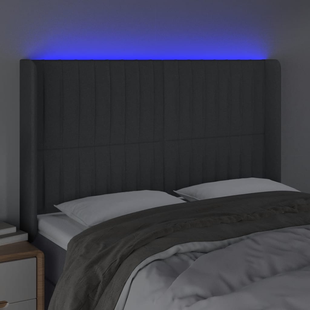 sengegavl med LED-lys 147x16x118/128 cm stof mørkegrå