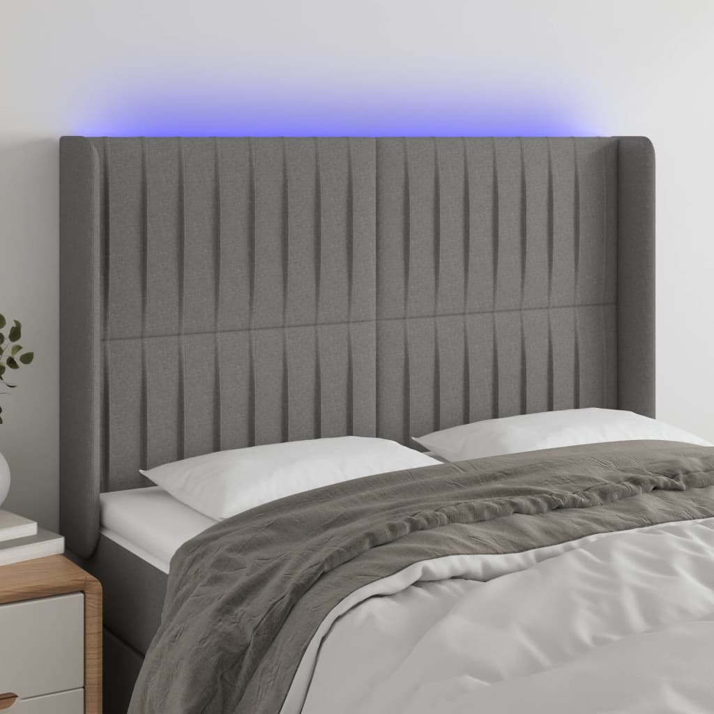 sengegavl med LED-lys 147x16x118/128 cm stof mørkegrå