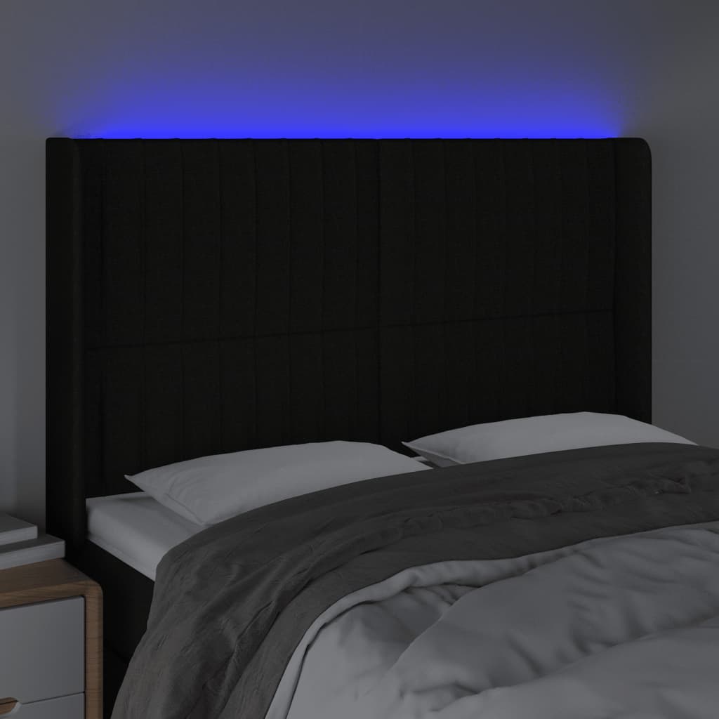 sengegavl med LED-lys 147x16x118/128 cm stof sort