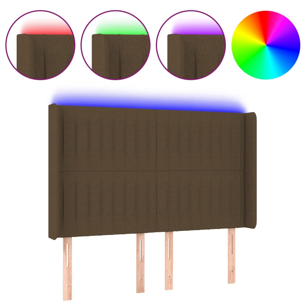 sengegavl med LED-lys 147x16x118/128 cm stof mørkebrun