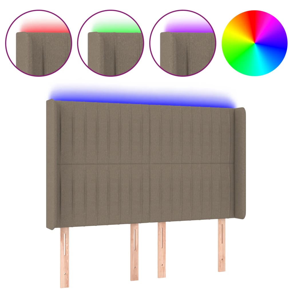 sengegavl med LED-lys 147x16x118/128 cm stof gråbrun