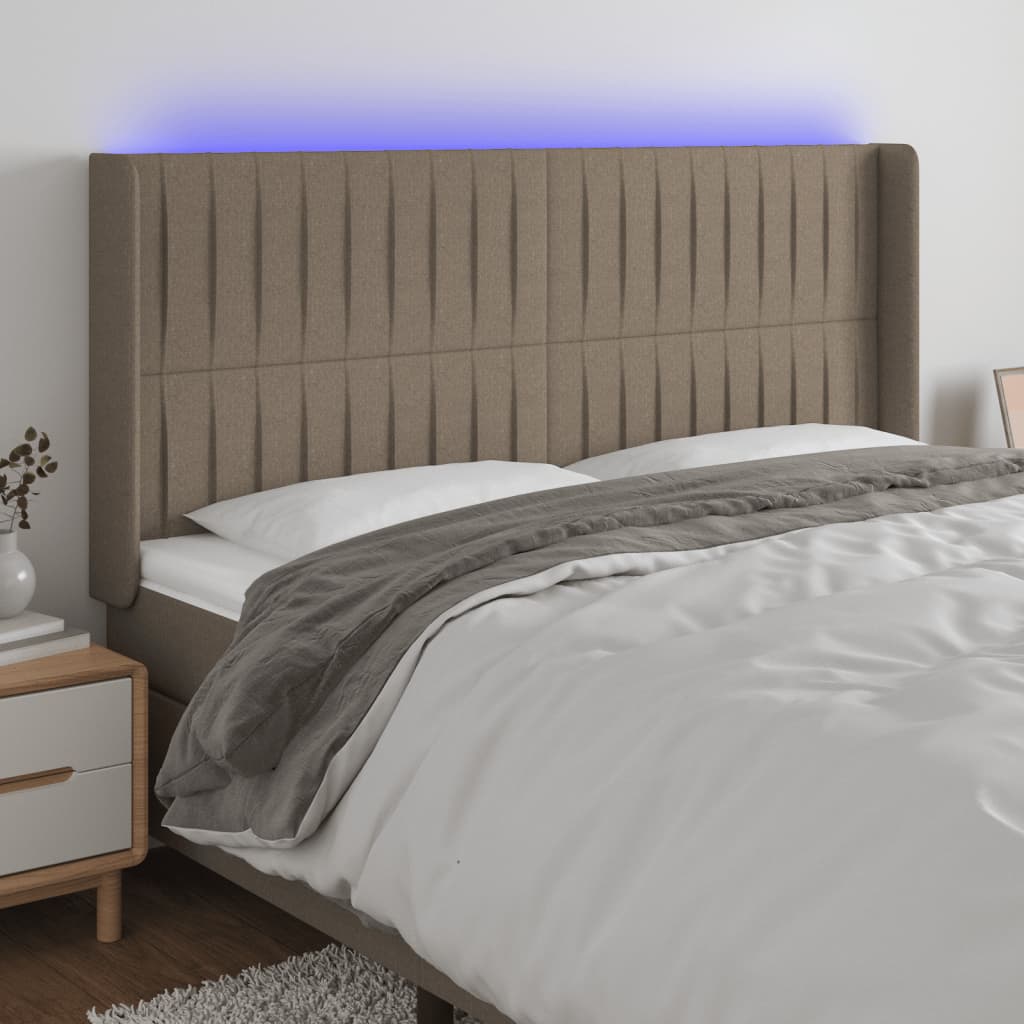 sengegavl med LED-lys 163x16x118/128 cm stof gråbrun