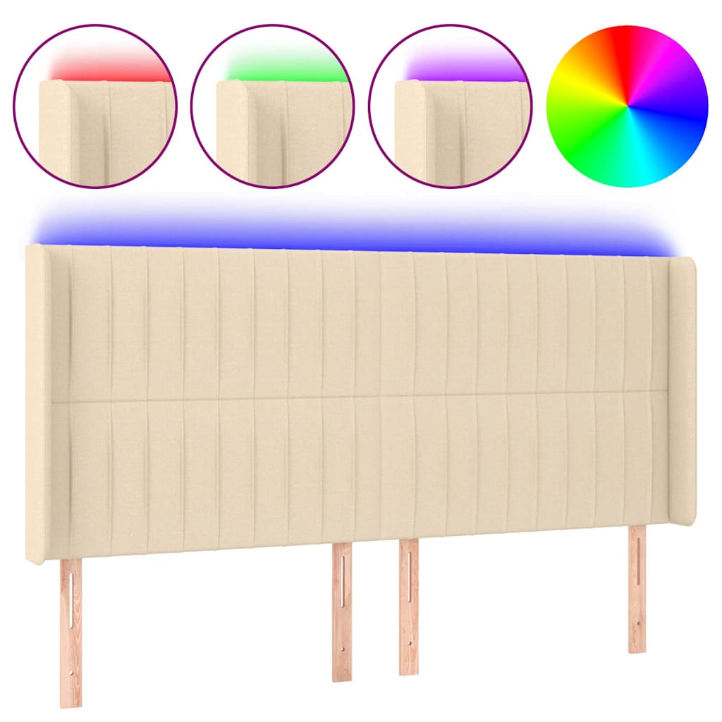 sengegavl med LED-lys 163x16x118/128 cm stof cremefarvet