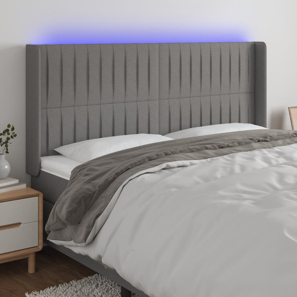sengegavl med LED-lys 203x16x118/128 cm stof mørkegrå
