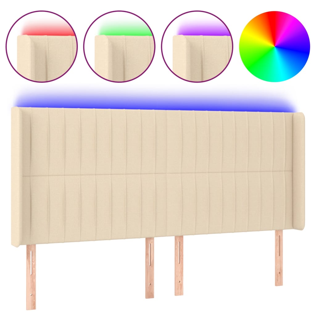 sengegavl med LED-lys 203x16x118/128 cm stof cremefarvet