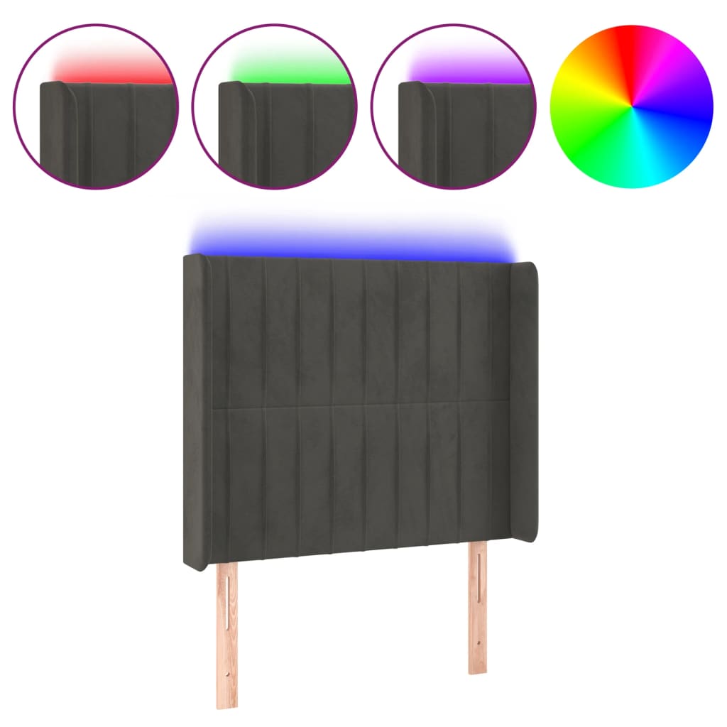 sengegavl med LED-lys 83x16x118/128 cm fløjl mørkegrå