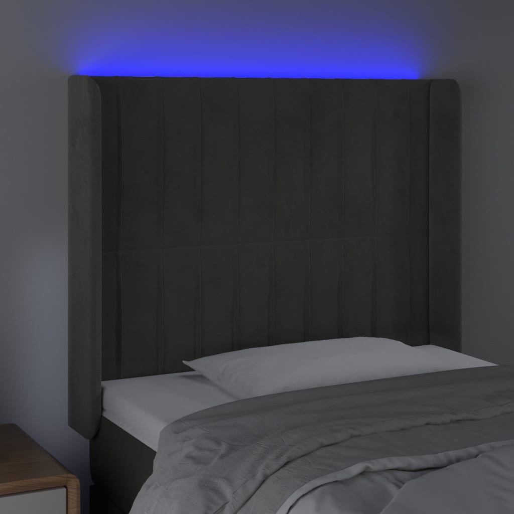 sengegavl med LED-lys 83x16x118/128 cm fløjl mørkegrå