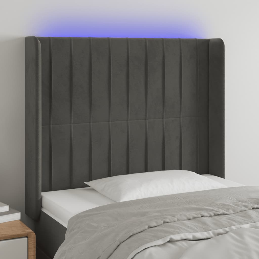 sengegavl med LED-lys 83x16x118/128 cm fløjl mørkegrå