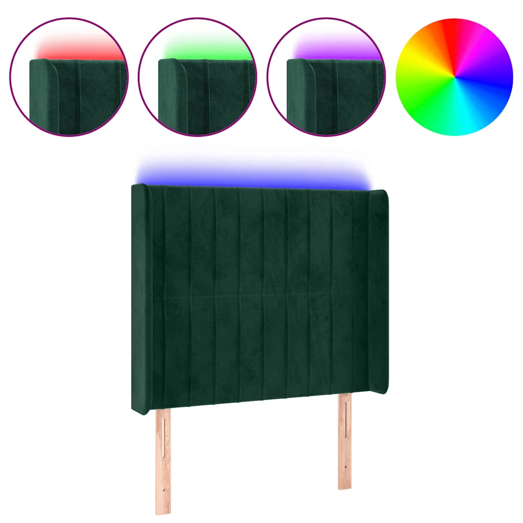 sengegavl med LED-lys 83x16x118/128 cm fløjl mørkegrøn