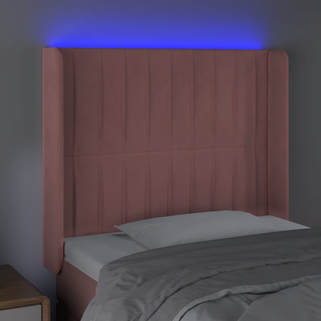 sengegavl med LED-lys 83x16x118/128 cm fløjl lyserød