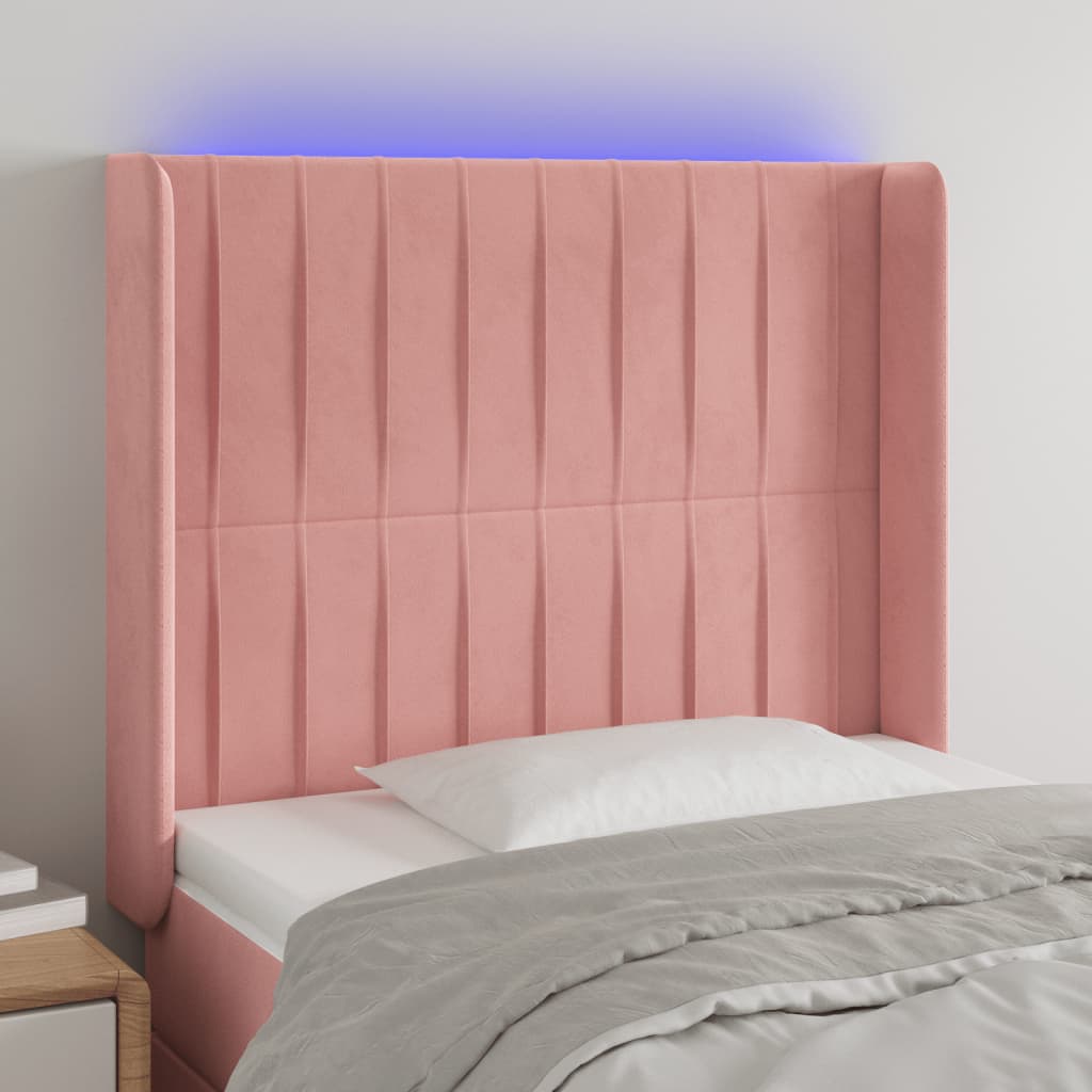 sengegavl med LED-lys 83x16x118/128 cm fløjl lyserød
