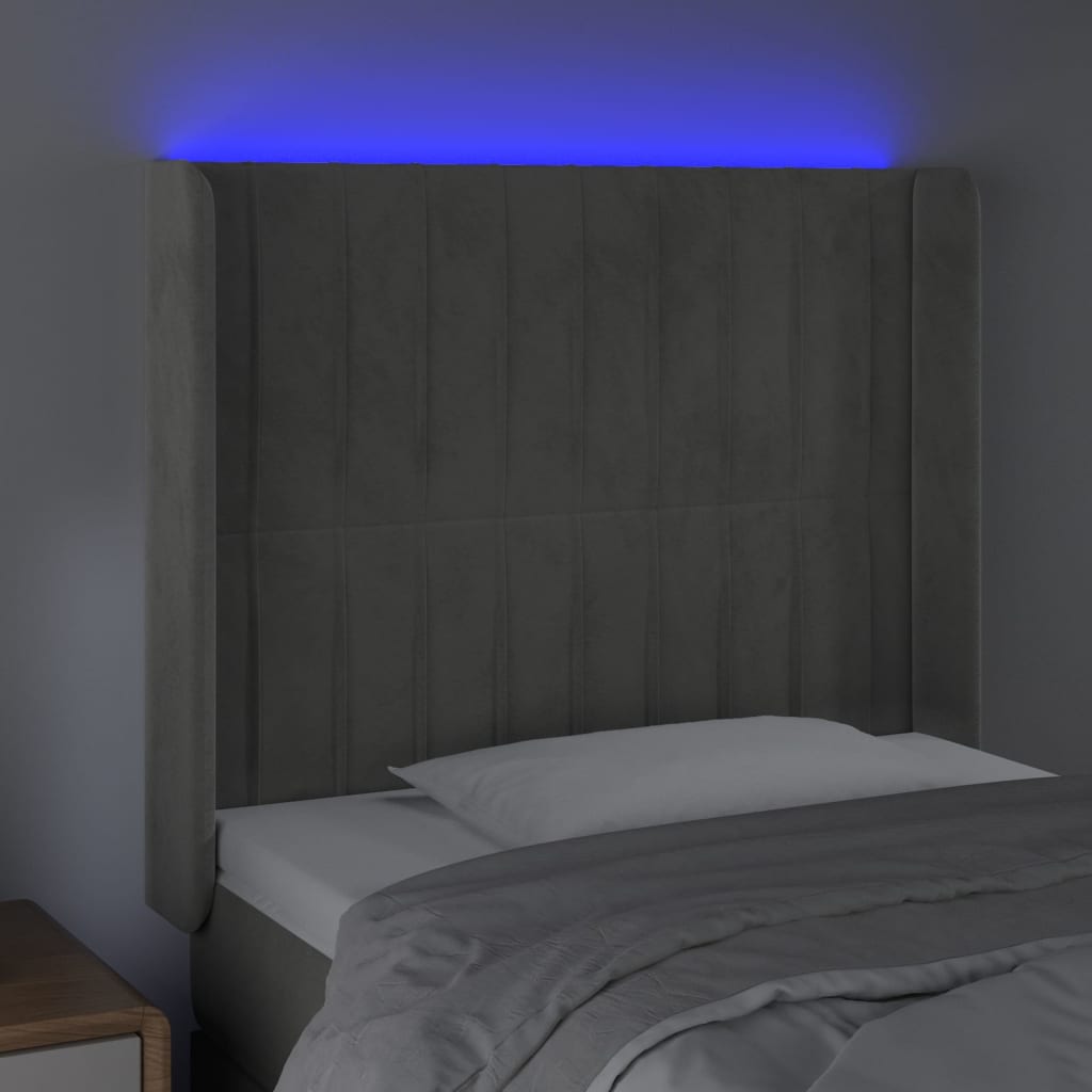 sengegavl med LED-lys 93x16x118/128 cm fløjl lysegrå