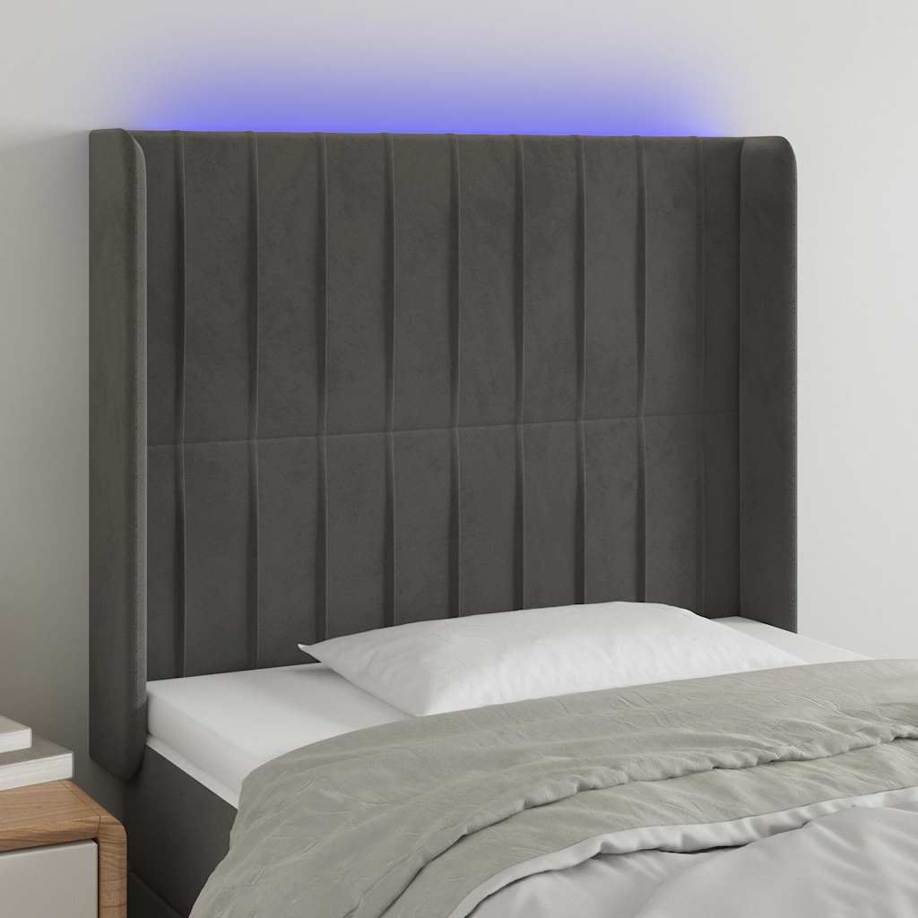 sengegavl med LED-lys 93x16x118/128 cm fløjl mørkegrå