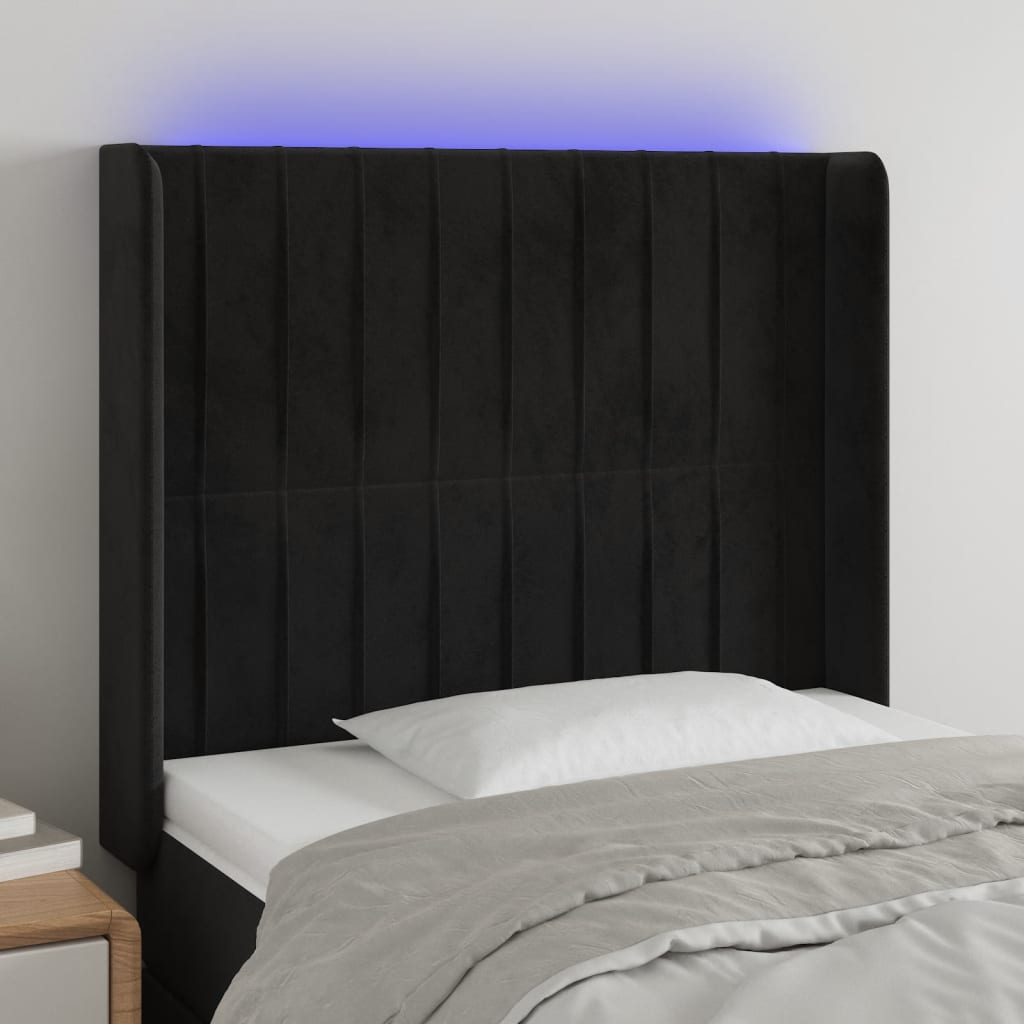 sengegavl med LED-lys 93x16x118/128 cm fløjl sort