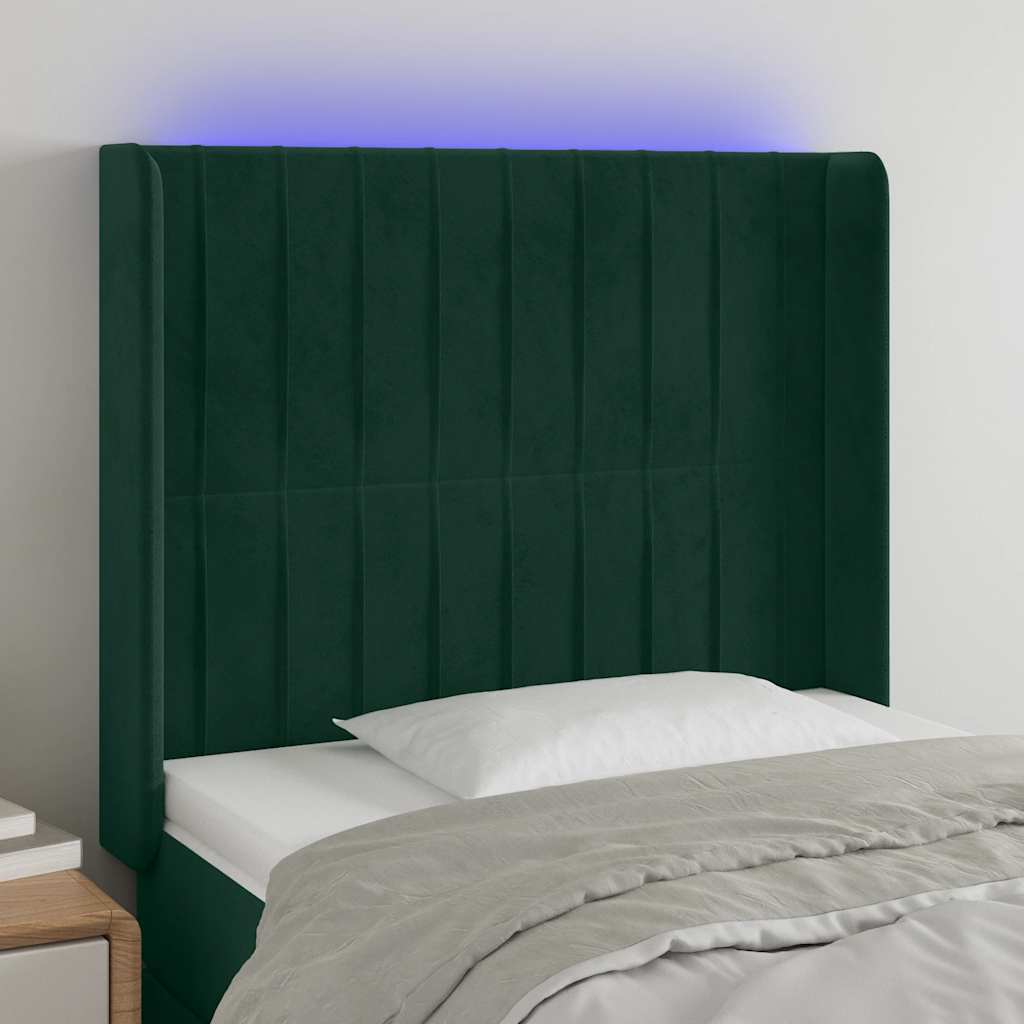 sengegavl med LED-lys 93x16x118/128 cm fløjl mørkegrøn