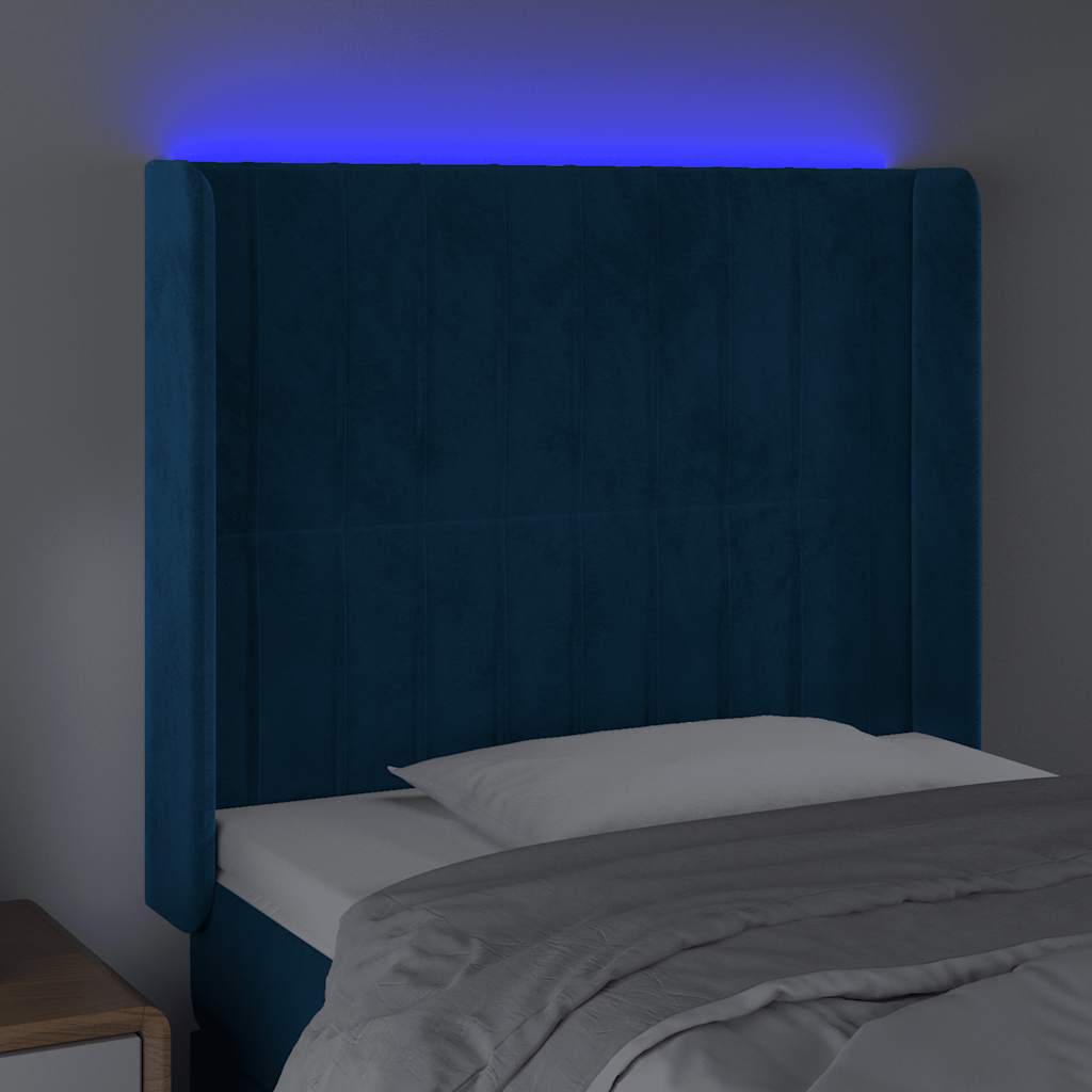sengegavl med LED-lys 93x16x118/128 cm fløjl mørkeblå