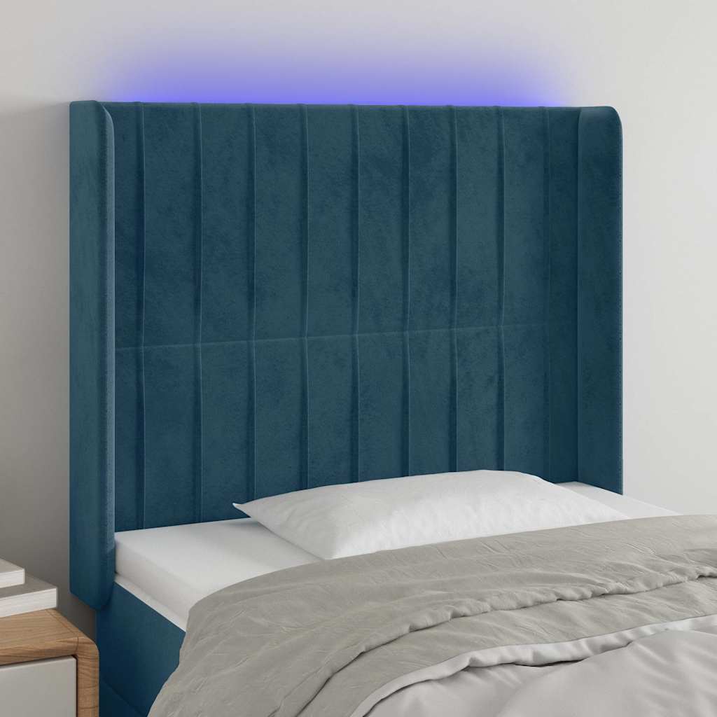 sengegavl med LED-lys 93x16x118/128 cm fløjl mørkeblå
