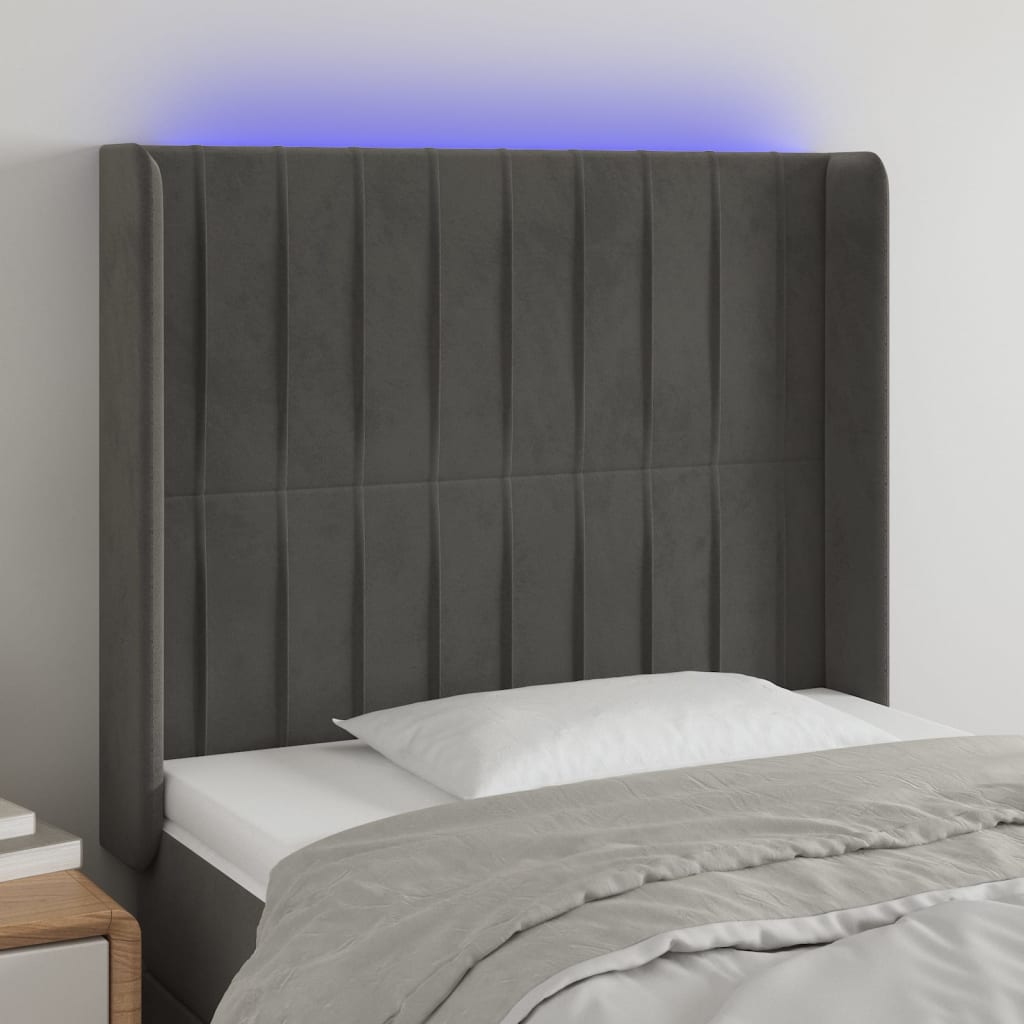 sengegavl med LED-lys 103x16x118/128 cm fløjl mørkegrå