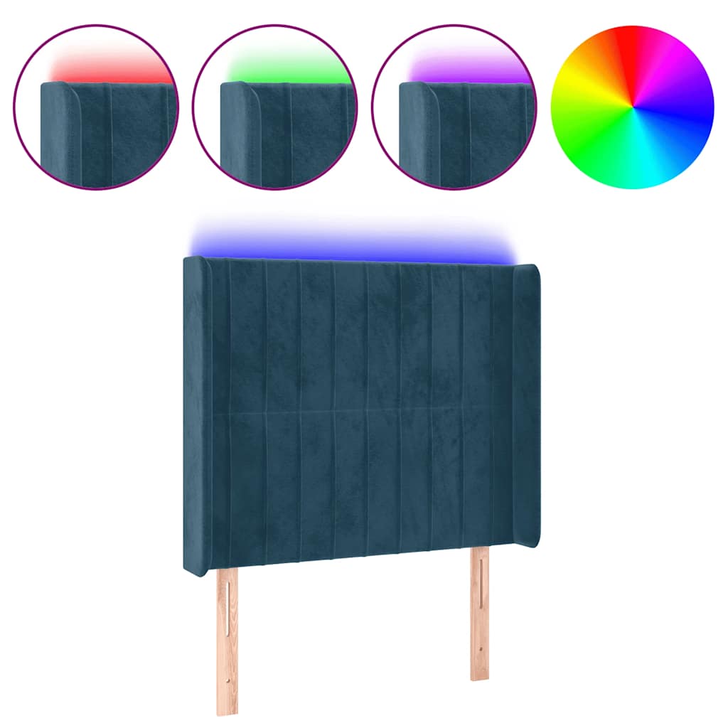 sengegavl med LED-lys 103x16x118/128 cm fløjl mørkeblå