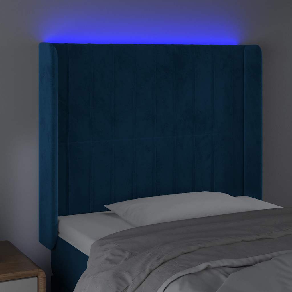 sengegavl med LED-lys 103x16x118/128 cm fløjl mørkeblå