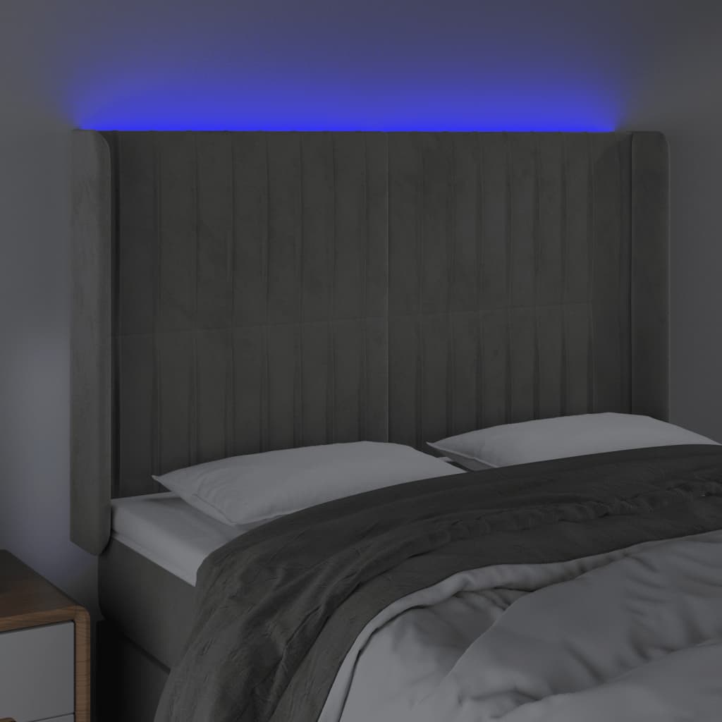sengegavl med LED-lys 147x16x118/128 cm fløjl lysegrå
