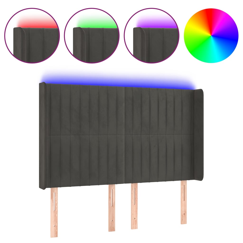 sengegavl med LED-lys 147x16x118/128 cm fløjl mørkegrå