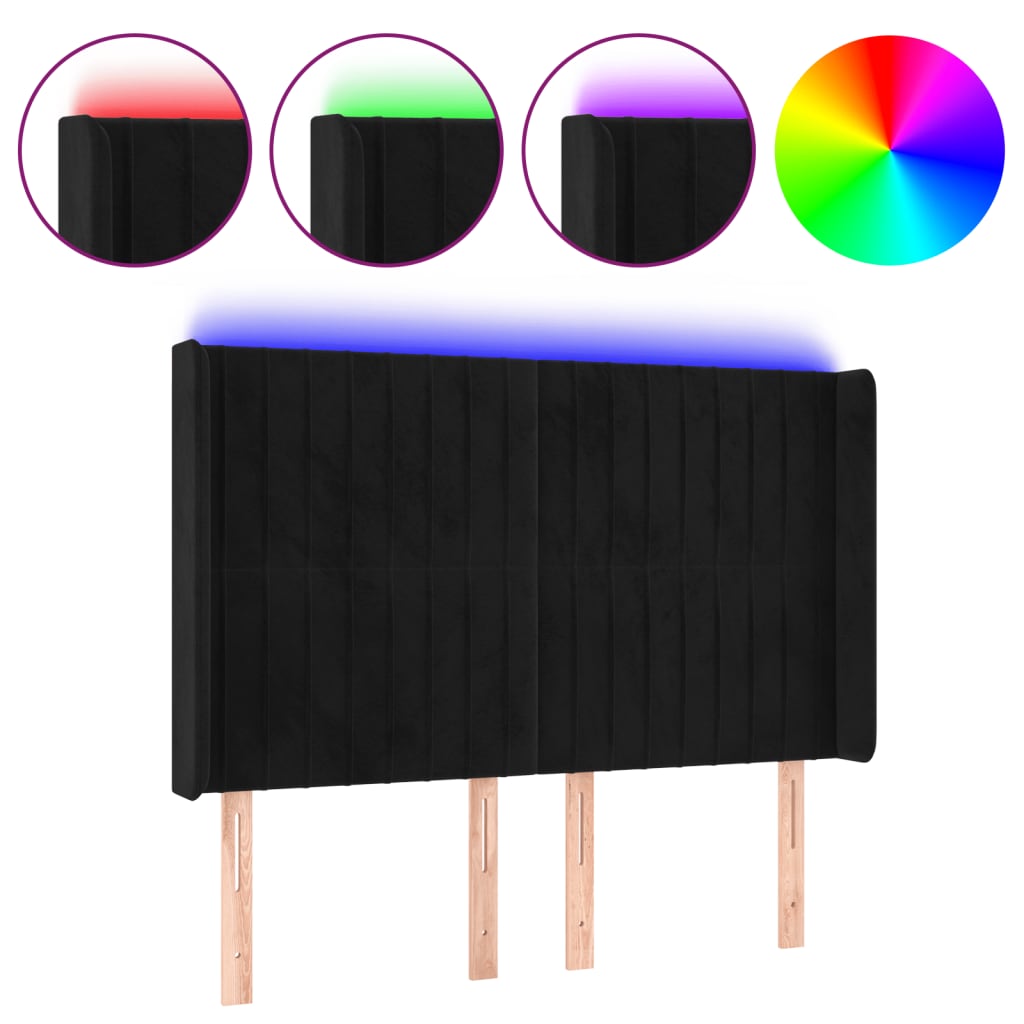 sengegavl med LED-lys 147x16x118/128 cm fløjl sort
