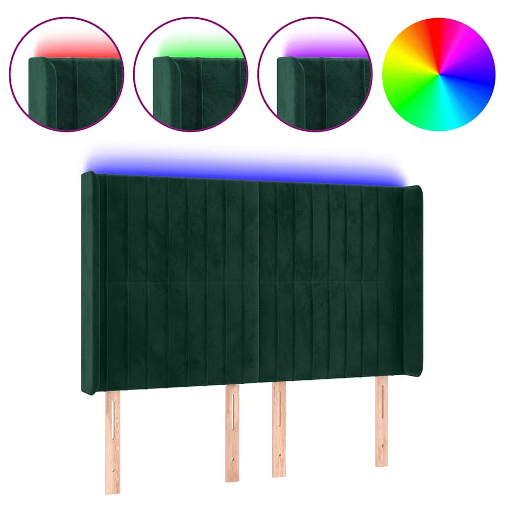 sengegavl med LED-lys 147x16x118/128 cm fløjl mørkegrøn