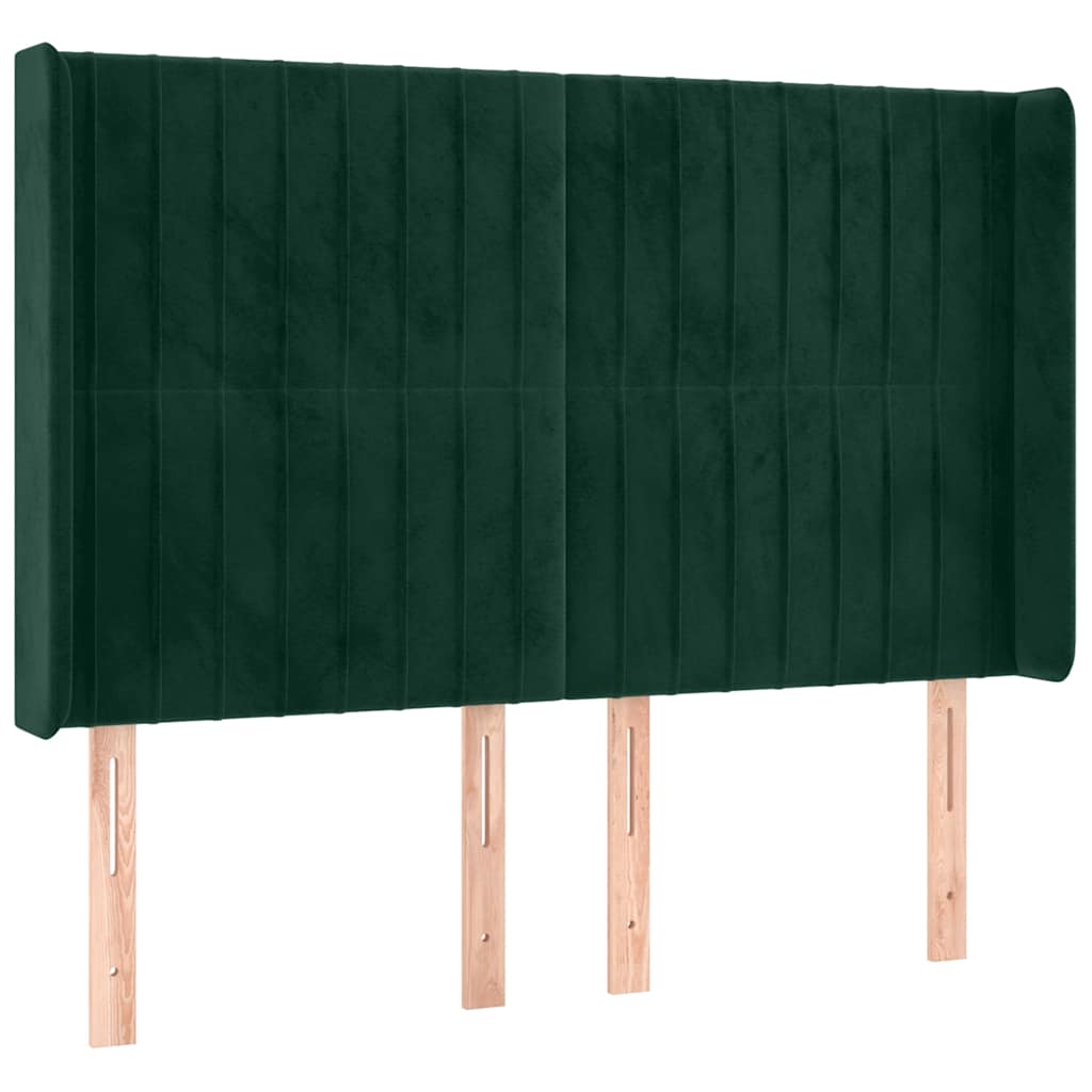 sengegavl med LED-lys 147x16x118/128 cm fløjl mørkegrøn