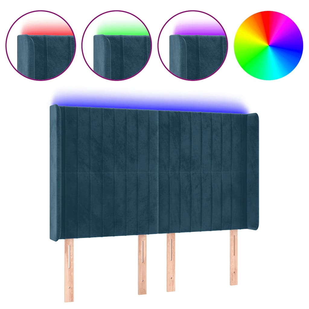 sengegavl med LED-lys 147x16x118/128 cm fløjl mørkeblå